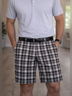 Slazenger Men’s Golf Shorts 36 Black Gray Plaid Stretch Preppy Bermuda 11"